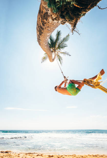 istock Little boy dangles on tropical swing on the palm tree 947975094