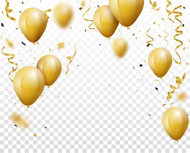 feier-hintergrund mit goldenen konfetti und luftballons - confetti balloon white background isolated stock-grafiken, -clipart, -cartoons und -symbole