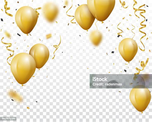 Celebration Background With Gold Confetti And Balloons - Arte vetorial de stock e mais imagens de Balão - Enfeite