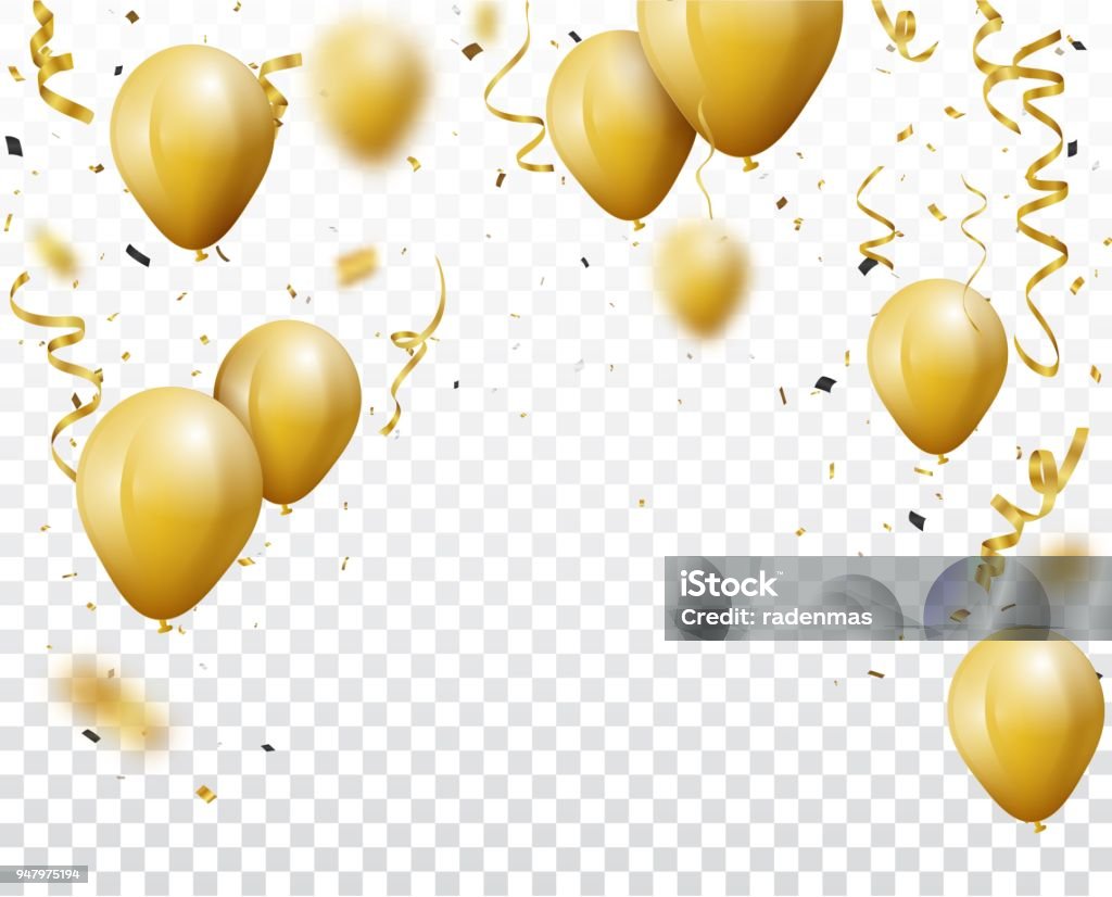Праздничный фон с золотыми конфетти и воздушными шарами - Векторная графика Воздушный шарик роялти-фри