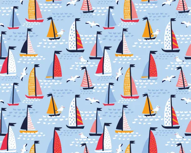 Vector illustration of Seamless vector pattern with hand drawn sailing yachts and seagulls. Summer bright background for fabric design.