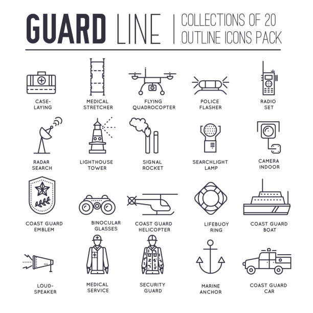 coast guard day ilustracja zarys zarysu zestawu. ochrona koncepcji elementów zamówienia - police officer security staff honor guard stock illustrations
