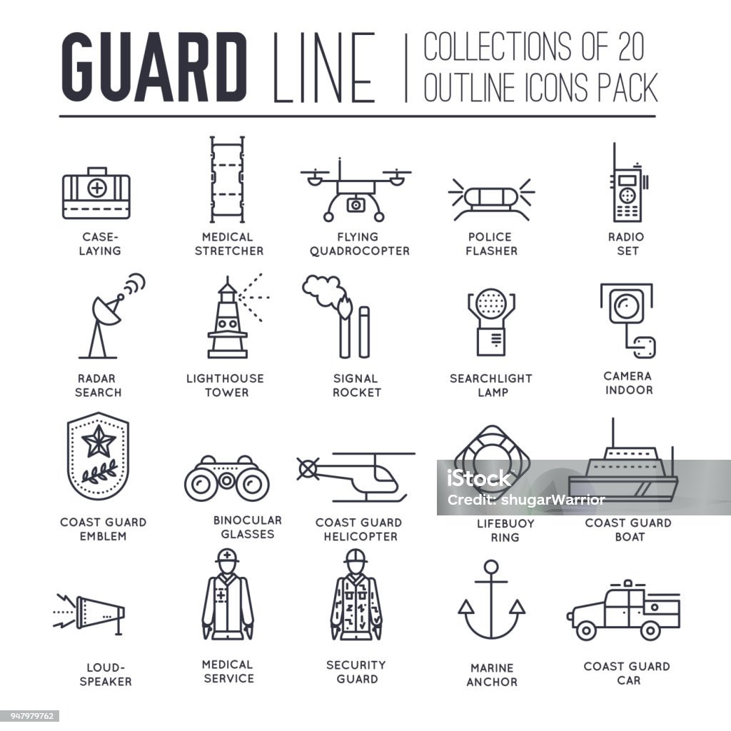 coast guard day illustration vector outline icon set. Guarding the order elements concept coast guard day illustration vector outline icon set. Guarding the order elements concept . Coast Guard stock vector