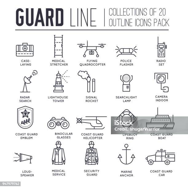 Coast Guard Day Illustration Vector Outline Icon Set Guarding The Order Elements Concept Stock Illustration - Download Image Now