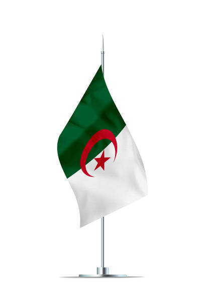 Small Algeria flag  on a metal pole. The flag has nicely detailed textile texture. Isolated on white background. 3D rendering.