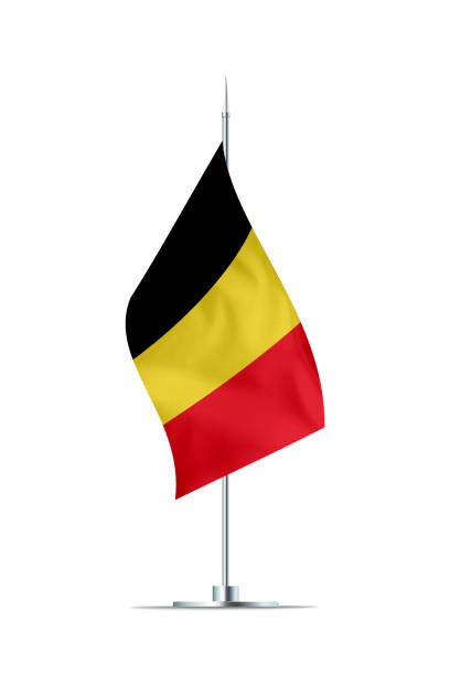 Small Belgium flag  on a metal pole. The flag has nicely detailed textile texture. Isolated on white background. 3D rendering.