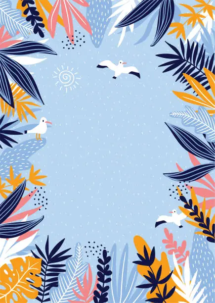 Vector illustration of Tropical leaves frame with marine seagulls. Hand drawn summer card.  Vector illustration.