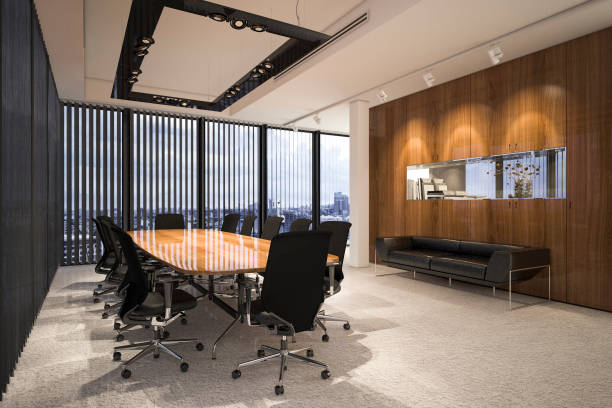 3d rendering business meeting room on high rise office building stock photo