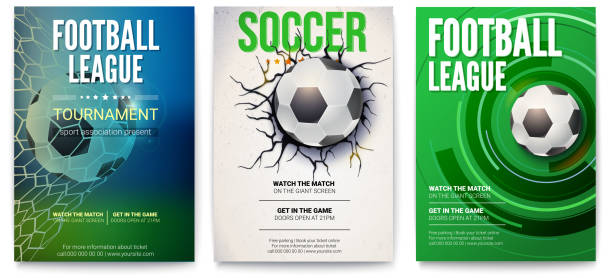 Set of posters of football tournament or soccer league. Graphics design with ball. Design of banner for sport events. Template of advertising for championship of soccer or football, 3D illustration Set of posters of football tournament or soccer league. Graphics design with ball. Design of banner for sport events. Template of advertising for championship of soccer or football, 3D illustration. soccer drawings stock illustrations