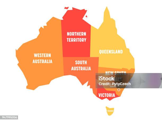 Ilustración de Mapa Simplificado De Australia Se Divide En Estados Y Territorios Mapa Plano Naranja Con Etiquetas Blancas Ilustración De Vector y más Vectores Libres de Derechos de Australia