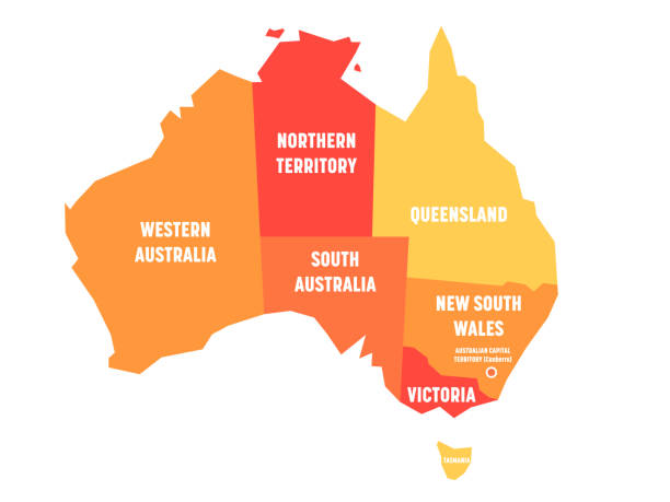 упрощенная карта австралии разделена на штаты и территории. оранжевая плоская карта с белыми этикетками. иллюстрация вектора - australia map stock illustrations