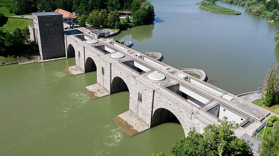 Aerial view of hydroelectric power plant Mariborski otok on Drava River in Maribor.