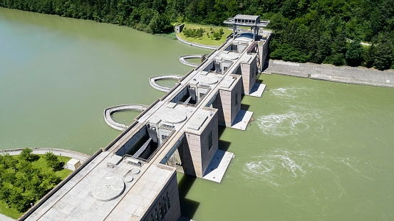 Aerial view of Vuzenica hydroelectric power plant on Drava River in Maribor.