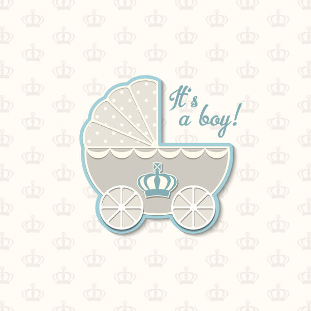 istock baby shower with royal crown and blue vintage stroller, illustration 947999102