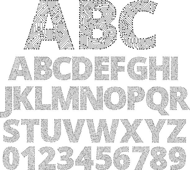 Circuit Board Custom Made Font Circuit Board Custom Made Font. This image has the entire alphabet created of circuit board letters. The image is black and white in color. r i p stock illustrations