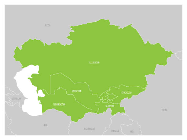 ilustraciones, imágenes clip art, dibujos animados e iconos de stock de mapa de la región de asia central con verde destacó kazajstán, kirguistán, tayikistán, turkmenistán y uzbekistán. mapa plano gris con bordes blancos del país - asia central