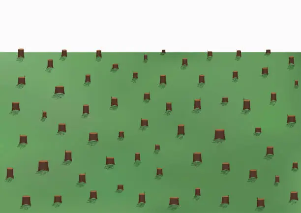 Vector illustration of deforestation landscape, a lot of stumps, vector illustration horizontal