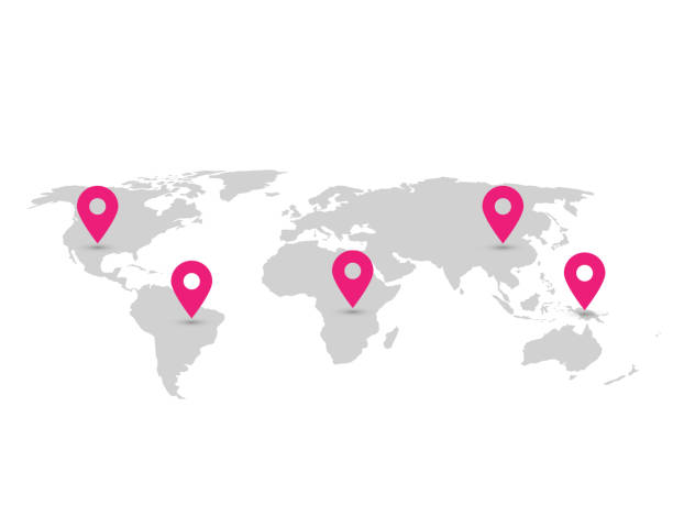 ilustrações, clipart, desenhos animados e ícones de mapa do mundo com ponteiros de navegação. mapa cinzento infográficos com alfinetes-de-rosa. ilustração vetorial - continente área geográfica