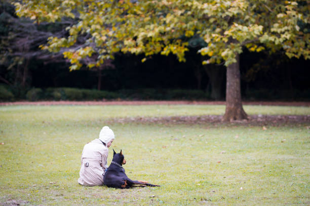 Women and Doberman relax in the park