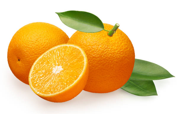istock Fresh orange fruit next to lying, half and green leaves 948040266