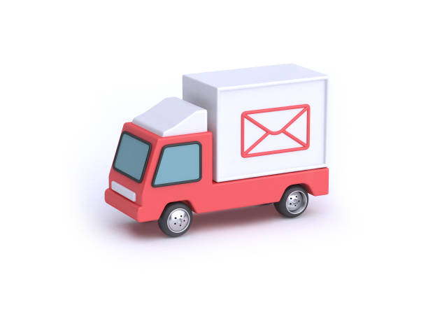 post-caminhão carro dos desenhos animados estilo fundo branco 3d renderização 3d, post comunicação conceito de transporte - red asia send mail - fotografias e filmes do acervo