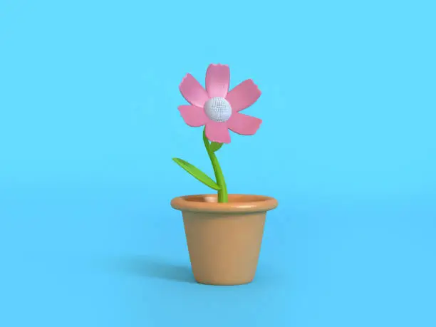 3d pink flower cartoon style flower pot minimal abstract blue background 3d rendering