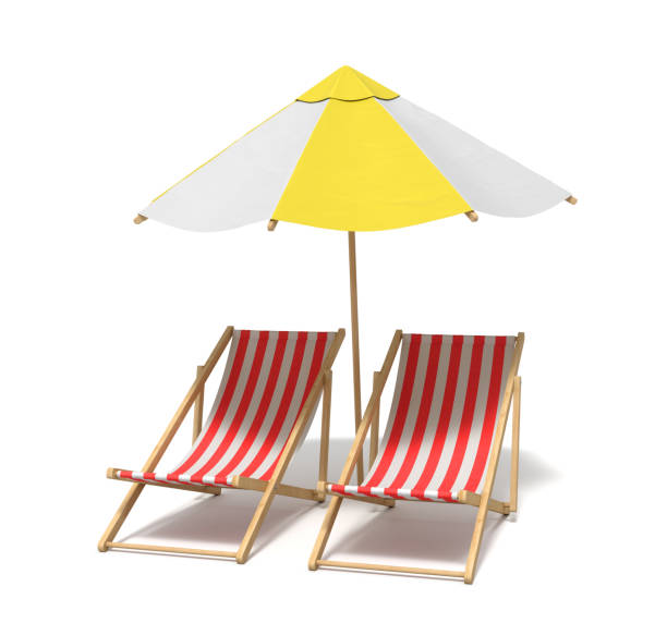 istock 3d rendering of a white and yellow beach umbrella standing above two deck chairs 948054814
