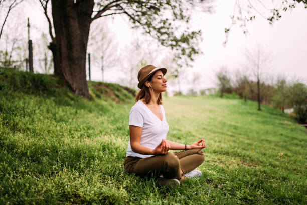 istock Young female meditate in park while sitting on grass. 948056468