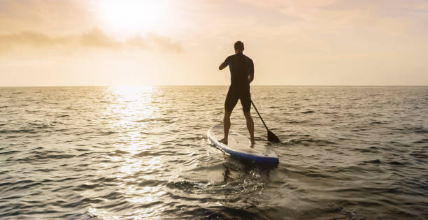 istock Man doing standup paddling in sea 948056874