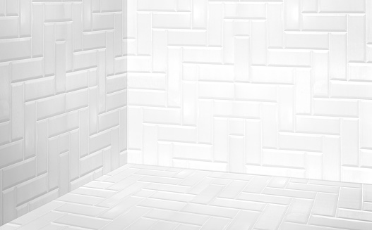 Empty corner white modern tile wall and floor perspective room,Modern style room,Mock up for display of product,business presentation.