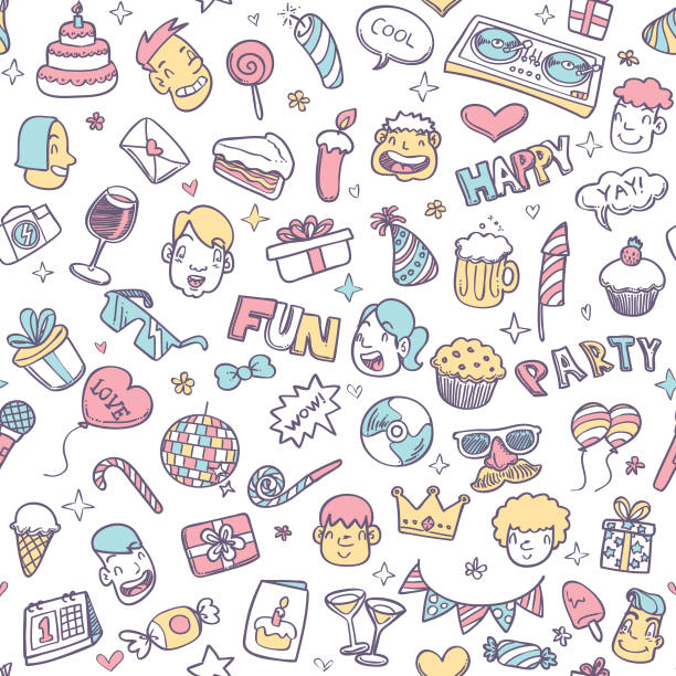 ilustrações de stock, clip art, desenhos animados e ícones de cute party doodle seamless pattern - multi colored heart shape backgrounds repetition