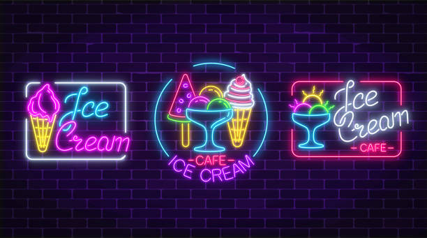 Set of neon ice cream signs with frames on dark brick wall background. Fruit ice-cream in waffle cone. Set of neon ice cream signs with frames on dark brick wall background. Fruit ice-cream in waffle cone, on stick and in a croissant. Three advertising emblem of summer frozy food. Vector illustration. neon sign ice cream stock illustrations