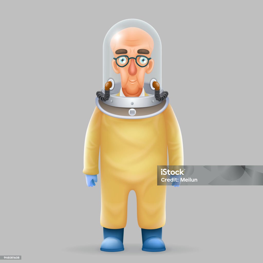 Chemical protection overalls bald scientist avatar realistic helmet 3d glass design vector illustration Chemical protection overalls bald scientist avatar realistic helmet glass 3d design vector illustration Radiation Protection Suit stock vector