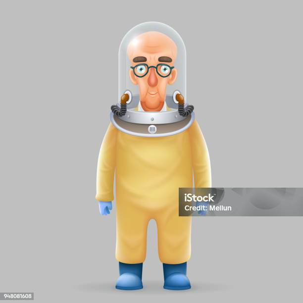 Chemical Protection Overalls Bald Scientist Avatar Realistic Helmet 3d Glass Design Vector Illustration Stock Illustration - Download Image Now