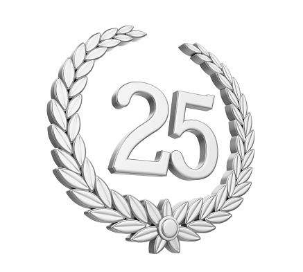 Laurel Wreath 25th Anniversary isolated on white background (Silver Wedding Concept). 3D render