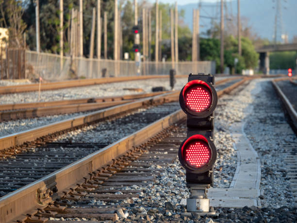 istock A railroad color position light sits ground level flashing red stop lights 948089310