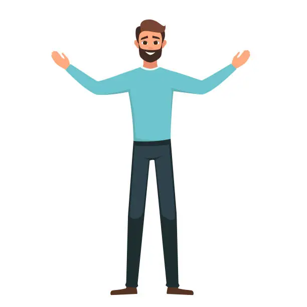 Vector illustration of Vector Cartoon smiling Successful arab man in casual clothes stands with open arms.