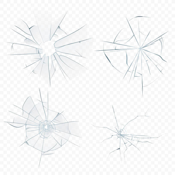 vector pęknięty zgnieciony realistyczne szkło ustawione na transperant alfa tle. dziura ze szkła kulowego. - fracture stock illustrations
