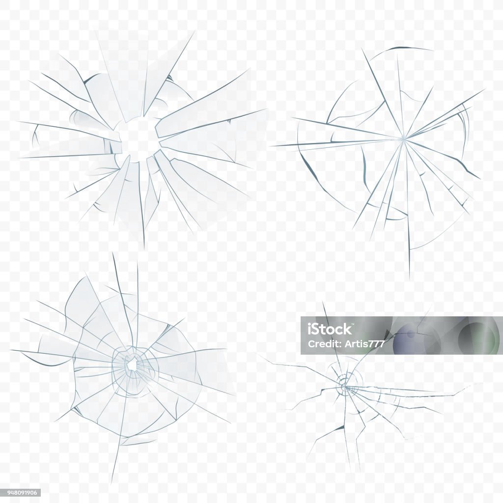Vector Cracked crushed realistic glass set on the transperant alpha background. Bullet glass hole. Vector Cracked crushed realistic glass set on the transperant alpha background. Bullet glass hole Cracked stock vector