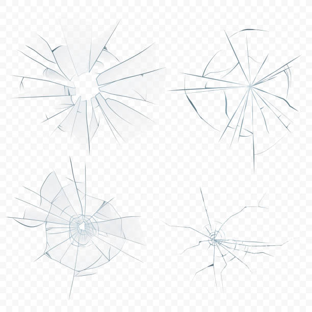 Vector Cracked crushed realistic glass set on the transperant alpha background. Bullet glass hole. Vector Cracked crushed realistic glass set on the transperant alpha background. Bullet glass hole broken stock illustrations