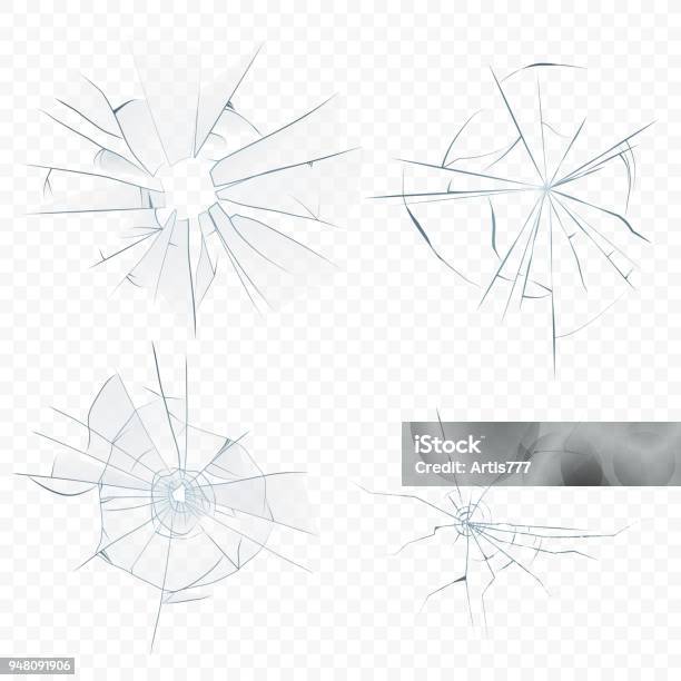 Vector Cracked Crushed Realistic Glass Set On The Transperant Alpha Background Bullet Glass Hole Stock Illustration - Download Image Now