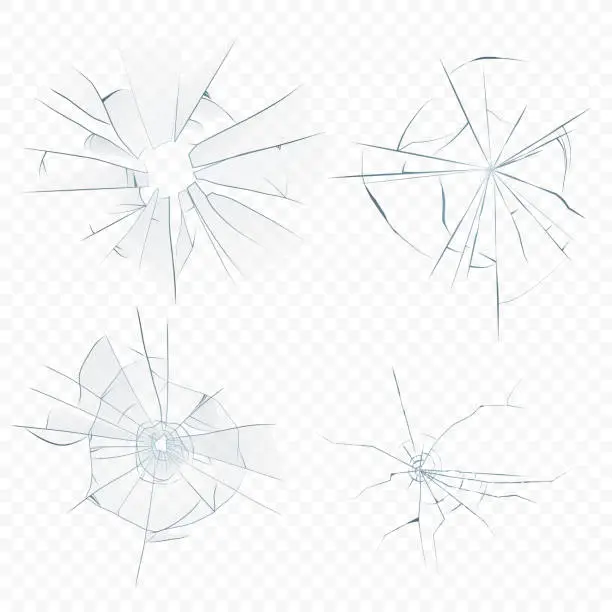 Vector illustration of Vector Cracked crushed realistic glass set on the transperant alpha background. Bullet glass hole.