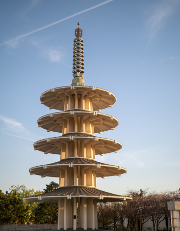 Full vertical view of San Francisco Peace Pagoda in Japantown neighborhood