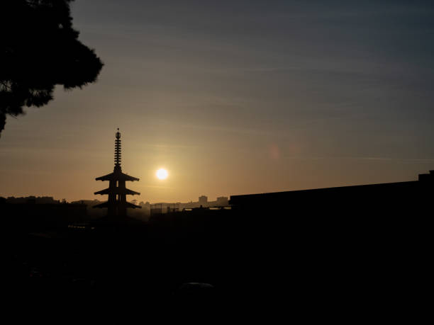 Silhouette of Peace Pagoda and city in San Francisco, CA during a sunset