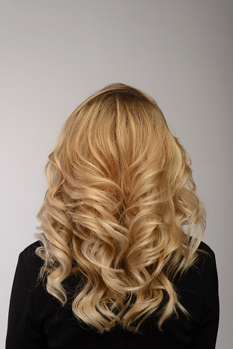 Healthy hair. Curly long hairstyle. Back view of Blond hairs. hair styling.