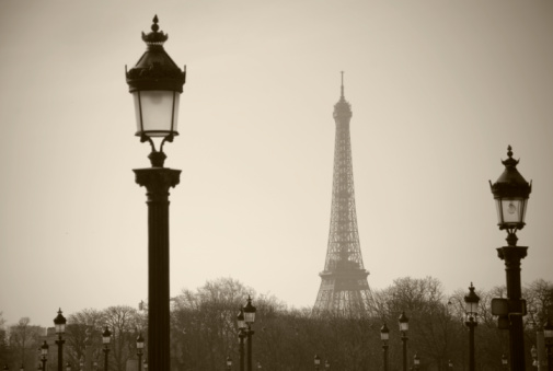 Statues on a bridge in front of the Eiffel tower in Paris France on a cloudy day
