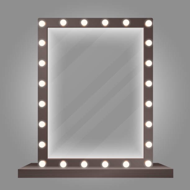 Mirror in frame with bulb lights. Makeup mirror vector illustration. Mirror in frame with bulb lights. Makeup mirror vector illustration mirror object borders stock illustrations