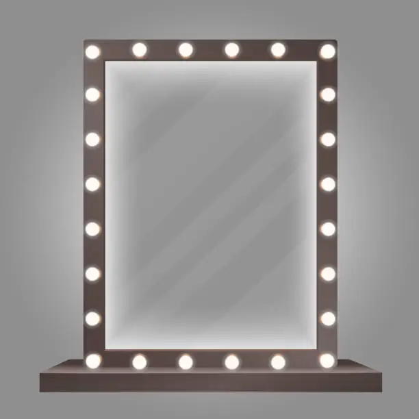Vector illustration of Mirror in frame with bulb lights. Makeup mirror vector illustration.