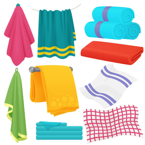 Cute cartoon folded vector towels set. Cartoon towels vector set. Cloth towel for bath, illustration of cartoon fabric towel for hygiene hanging fabric stock illustrations