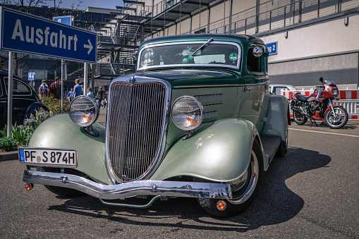 Ludwigsburg, Germany - April 8, 2018: Ford oldtimer car at the 2018 Retro Season Opener meeting and show.